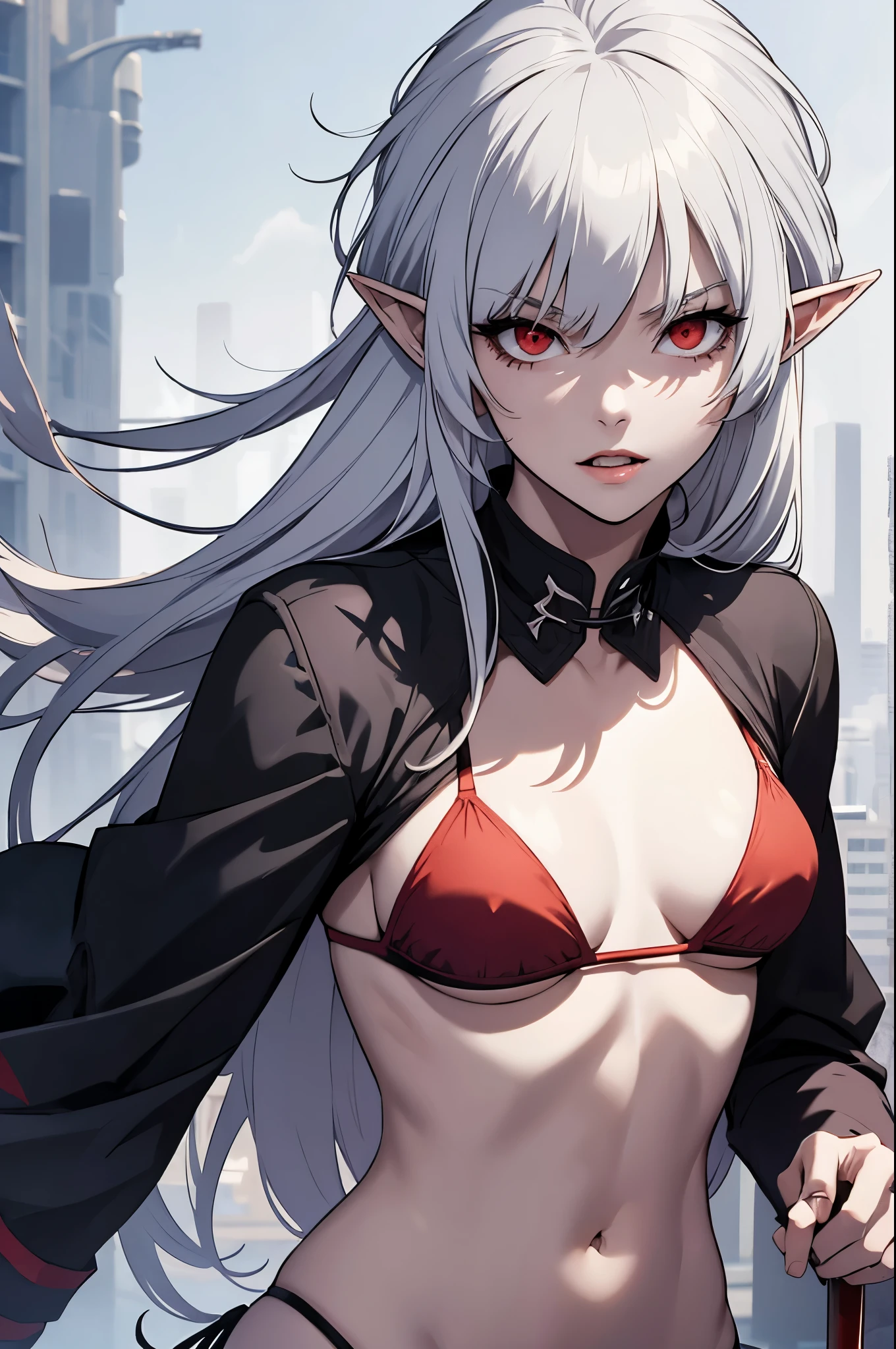 alice,vampire,grey hair, long hair, red eyes, pointy ears, small breasts,((bikini))