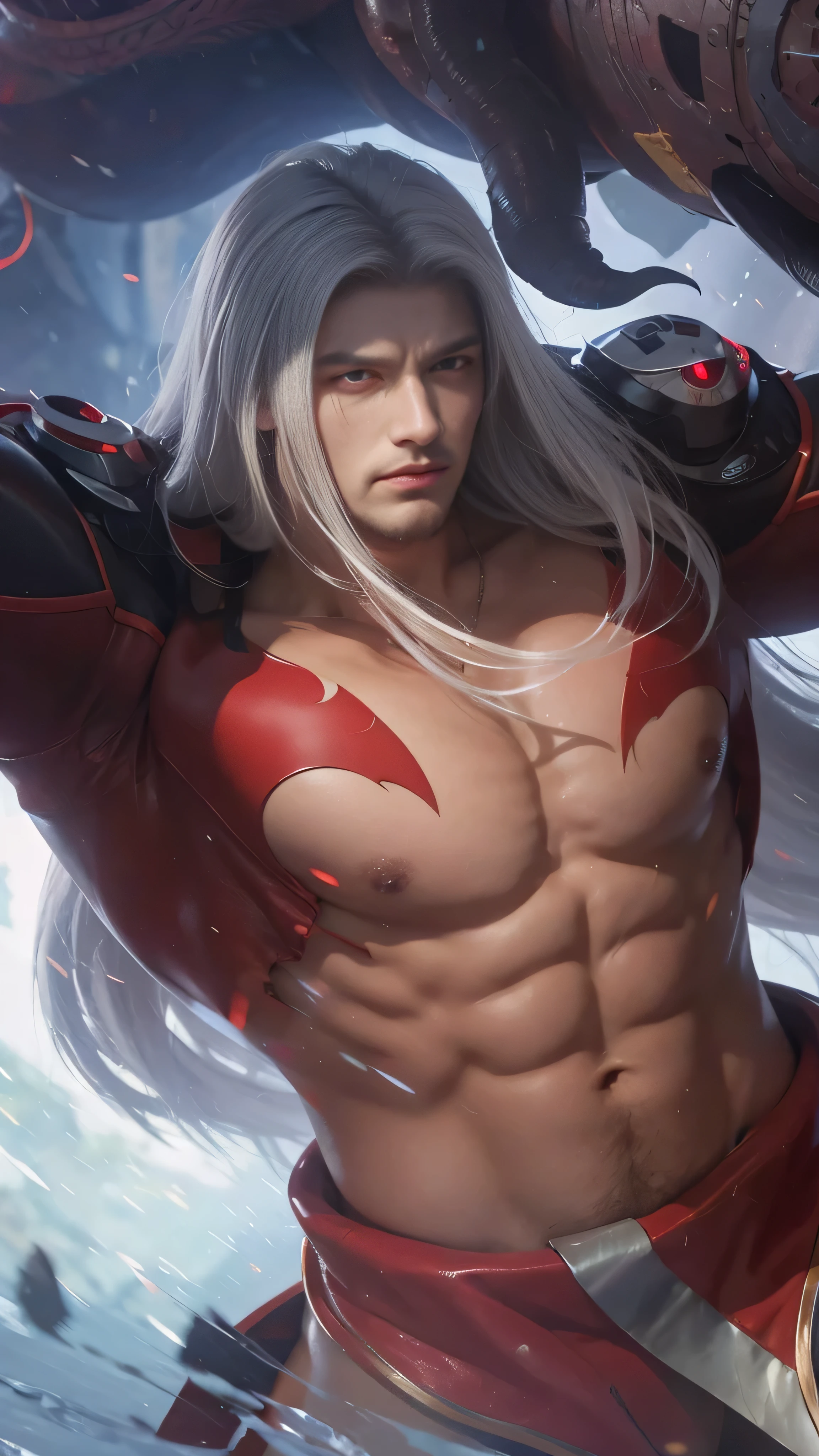 8k, very detailed, close up shot of a man white long hair red eyes