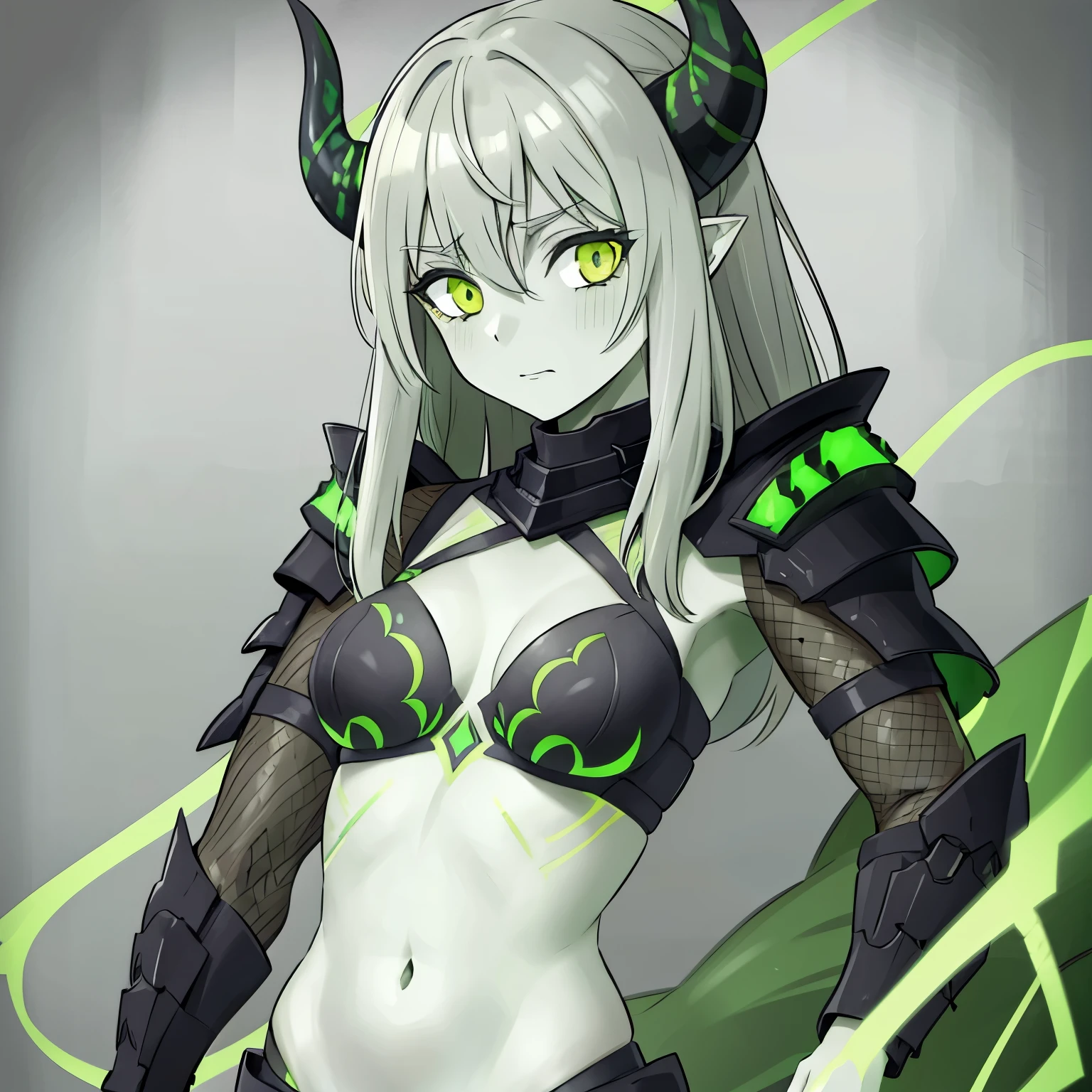 Female demon with horns, green and grey strads of hair, green glowing runic tattoos all over, grey skin, and perfect body with black bra and waist armor, with a seductive face, big boobs, thick thighs,