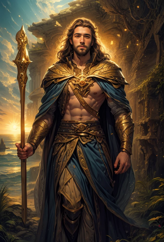 um retrato de(( um homem )) com barba, ((pernas musculosas)), ((peitoral forte e largo))in high definition, em 8K de ((um homem)) de 18 anos, (( Homem)), Deus do Mar, Deus do Oceano, Luthien, arte de deus, Deus da mitologia grega, Deus da Lua, Deus do amor e da paz, deus bonito, Mitologia do Deus da Terra, o deus Eros, Um retrato impressionante de um deus, Frank Kelly Freas, Estilo Karol Bak, ((beautiful face)), Ultra Definition, melhor qualidade, 32k ultra , Ultra HD