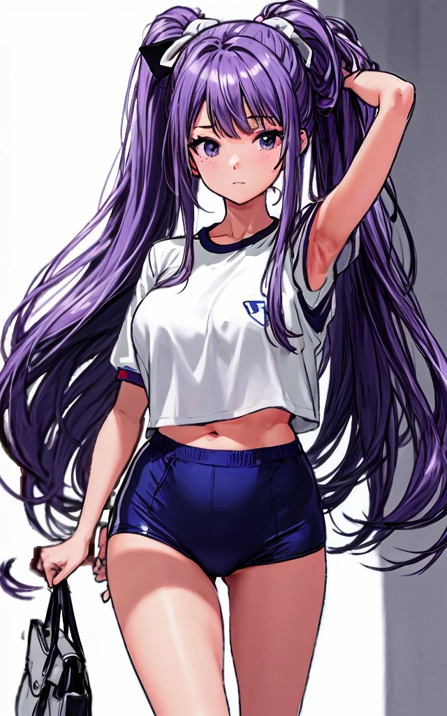 A beautiful woman with long wisteria purple hair in a ponytail that reaches to her shoulders and a light pink ribbon in the back, a sharp face and beautiful legs, is wearing a white gym uniform.、I'm standing in the school hallway wearing dark blue bloomers shaped like panties.。I'm doing a Comanechi pose.。