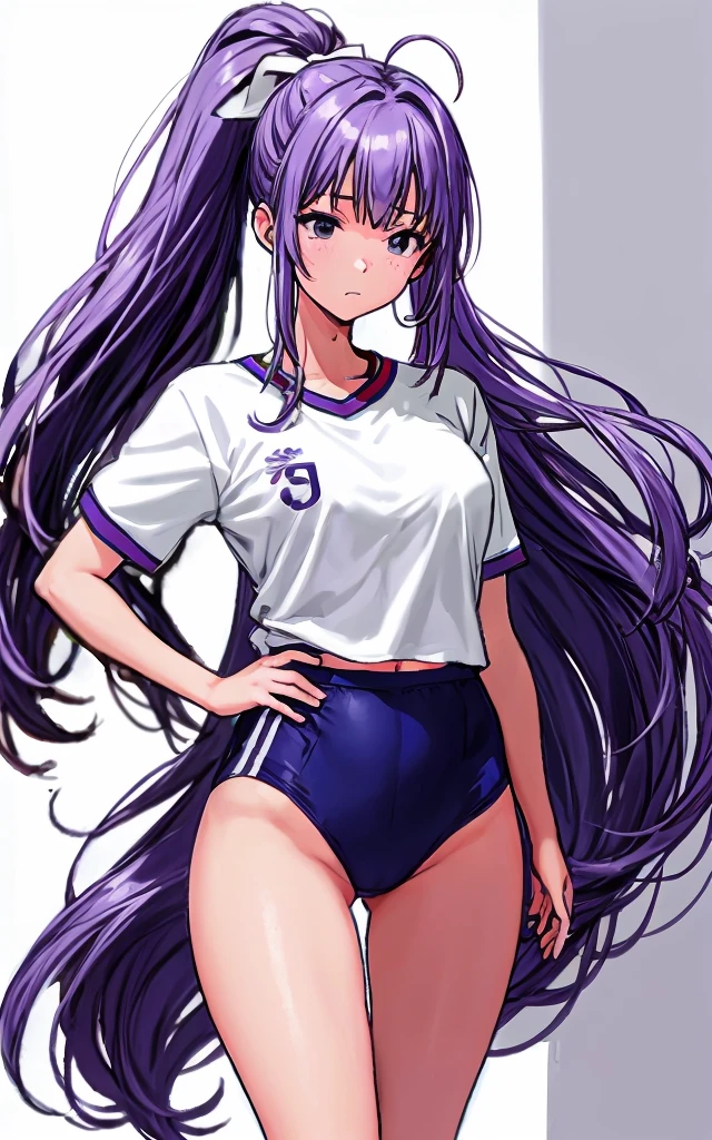 A beautiful woman with long wisteria purple hair in a ponytail that reaches to her shoulders and a light pink ribbon in the back, and a sharp face and beautiful legs, is wearing a white gym uniform.、I'm standing in the school hallway wearing dark blue bloomers shaped like panties.。