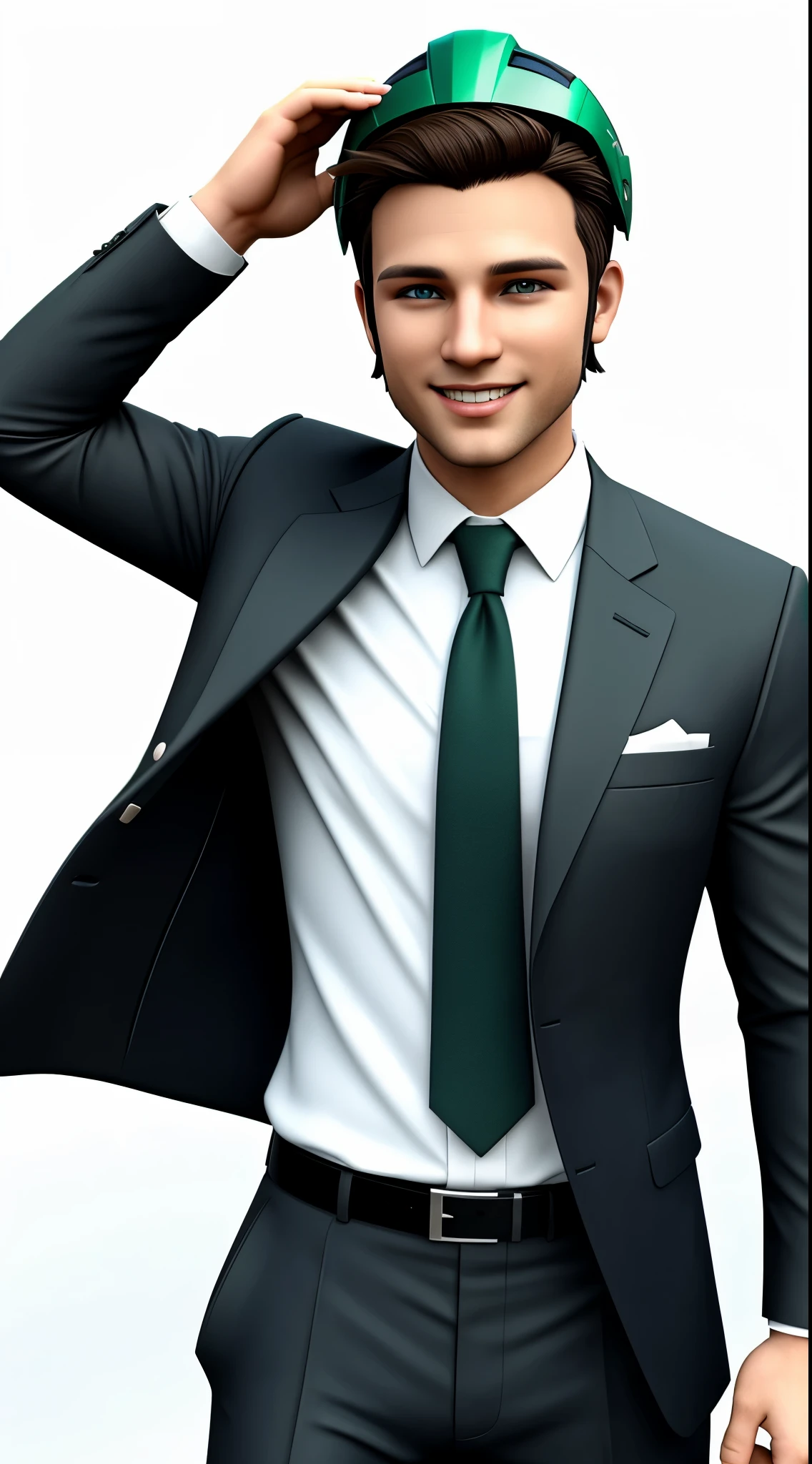 a man with white skin and green eyes 3d style smiling with medium brown hair (( wearing winged helmet )) (( wearing a suit )) com o fundo preto