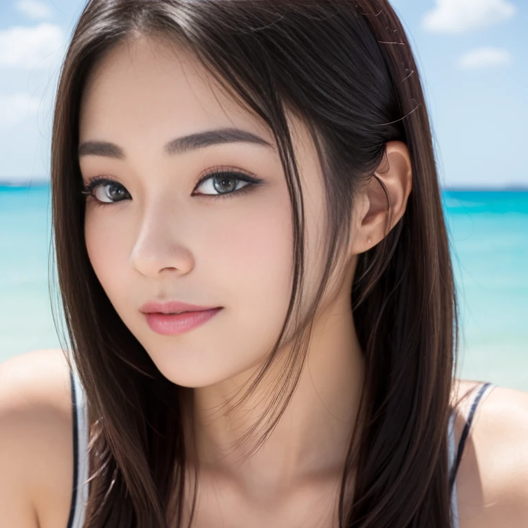 28 years old、Japanese actress Asami Mizukawa,Transparent beautiful skin、Eyes with long slits and a cool impression、black hair suits you、Makeup that is not too flashy、Makeup looks natural、small face、The nasal muscles are passing through、the corners of the mouth are turned upwards、The width of the forehead、Less than one third of the vertical width of the face、The boundary between the eyebrows and the base of the nose is deeply depressed、The distance between the left and right eyes is、Narrower than one eye width、the distance between the eyes and eyebrows、Narrower than one vertical width of the eye、The outline is、Oval or oblong type、((top-quality)), ((​masterpiece)), (detaileds:1.4)、in 8K、best qualtiy，sface focus，Soft light，（depth of fields），Super high resolution，RAW Photos，large boob，The bikini，（from the front side），adolable，A smile，Brown-eyed，Detailed beautiful face，sexy pose、the beach，splashing waves，mare，white bikini,whole body, seducing,