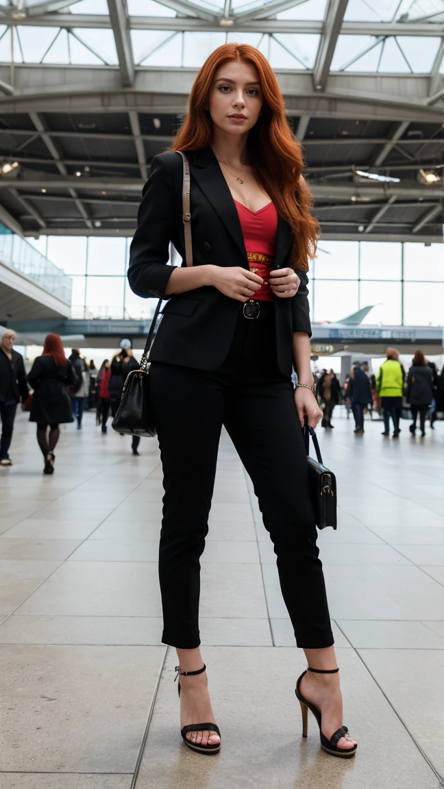 (highres,best quality,masterpiece:1.2),garota,redhead,long hair,striking pose,influencer,high heels,at the airport, vibrant colors, soft lighting, modern fashion, confident demeanor, classic luggage, bustling crowd, airplane in the background