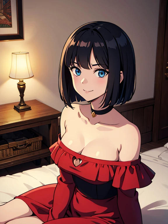 ((best quality)), ((masterpiece)), (detailed), perfect face, 1 girl, solo, teenager, black hair, bob cut, bob hair, blue eyes, smile, in a flamenco dress, off the shoulder dress, red dress, a longer body, teenager, bare shoulders, large chest, sexy sitting pose, and being so beautiful, room background, with lots of candles burning on the floor, in a dark room, 