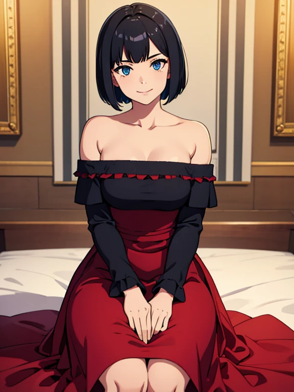 ((best quality)), ((masterpiece)), (detailed), perfect face, 1 girl, solo, teenager, black hair, bob cut, bob hair, blue eyes, smile, in a flamenco dress, off the shoulder dress, red dress, a longer body, teenager, bare shoulders, large chest, sexy sitting pose, and being so beautiful, room background, with lots of candles burning on the floor, in a dark room, 