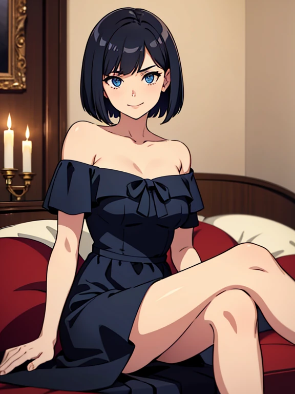 ((best quality)), ((masterpiece)), (detailed), perfect face, 1 girl, solo, teenager, black hair, bob cut, bob hair, blue eyes, smile, in a flamenco dress, off the shoulder dress, red dress, a longer body, teenager, bare shoulders, large chest, sexy sitting pose, and being so beautiful, room background, with lots of candles burning on the floor, in a dark room, 