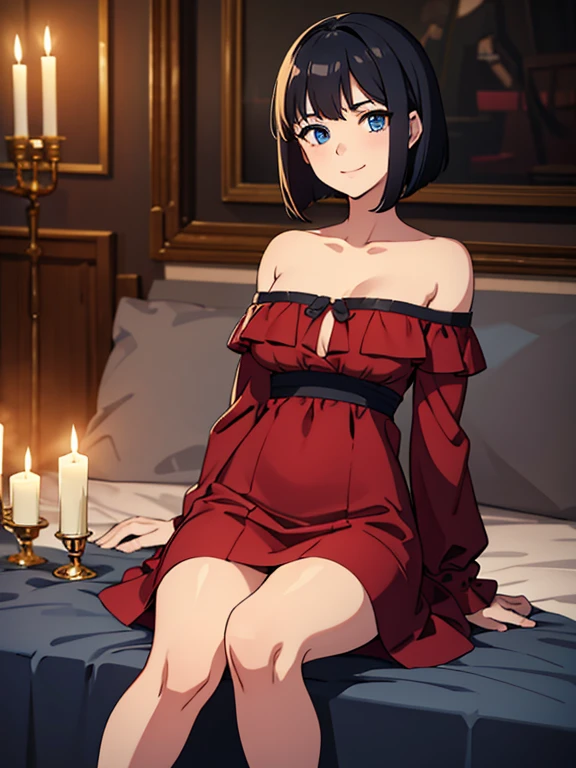 ((best quality)), ((masterpiece)), (detailed), perfect face, 1 girl, solo, teenager, black hair, bob cut, bob hair, blue eyes, smile, in a flamenco dress, off the shoulder dress, red dress, a longer body, teenager, bare shoulders, large chest, sexy sitting pose, and being so beautiful, room background, with lots of candles burning on the floor, in a dark room, 