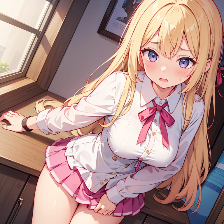 girl looks embarrassed over her skirt　blonde　shyness　Sweat　wet　sticking　underwear　garter　Erotic　Estrus　Drool　side　Stuffy　Skirt flip　Obscene lines　transformation　Pink Mesh　string bread　ribbon　Bedroom