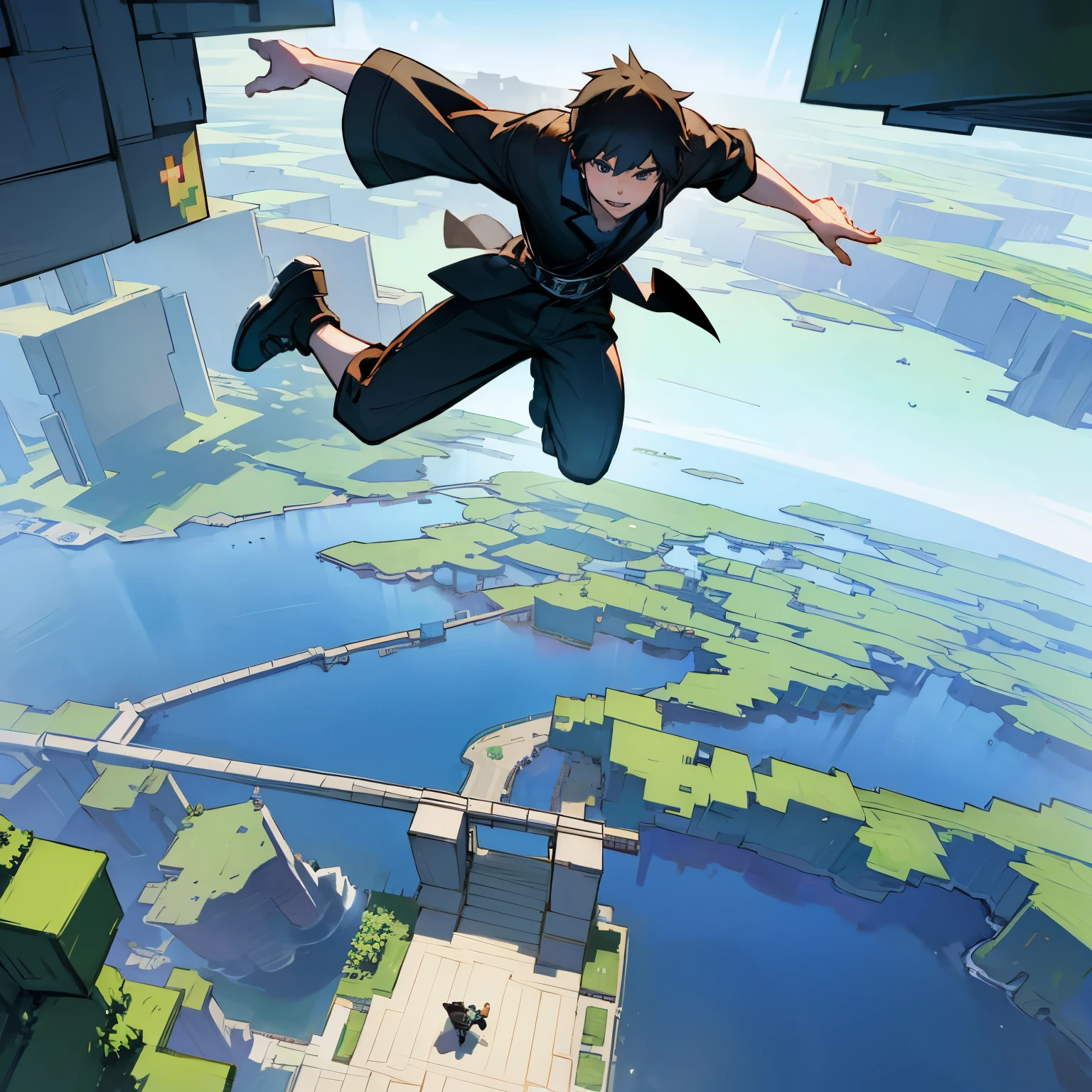 A world view like Minecraft、boy jumping in the park like a parkour.