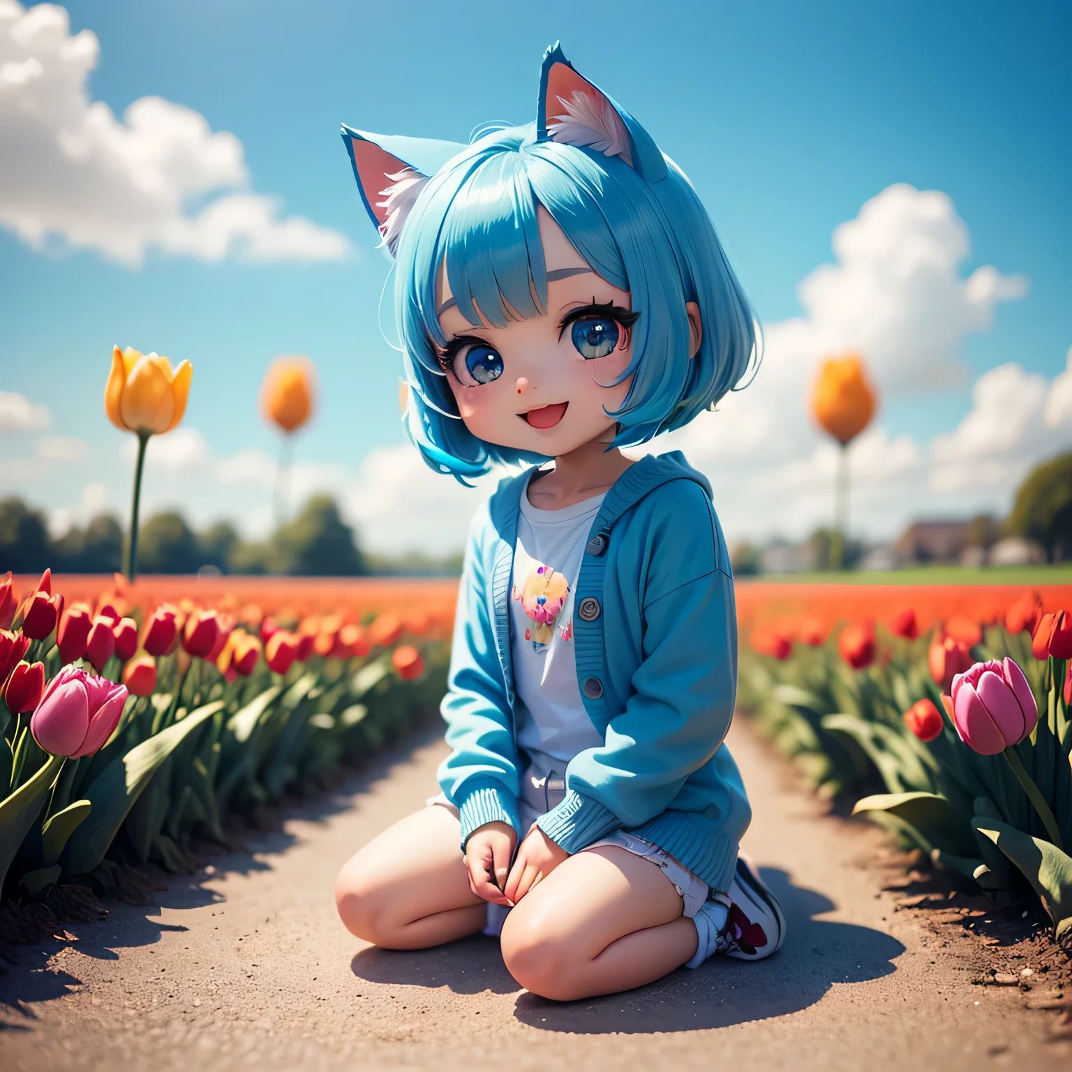 masterpiece, top-quality, ultra-detailliert, (chibi chara:1.2), (chibi model), (chibi), (chibi figure girl sit on red tulip), solo, open your mouth and smile, (bob cuts hair), ((sky blue hair)), path traced hair, (sky blue cat ears), ((sky blue eyes)), wearing blue cardigan with plain white shirt, Colorful tulip fields, Dazzling morning light