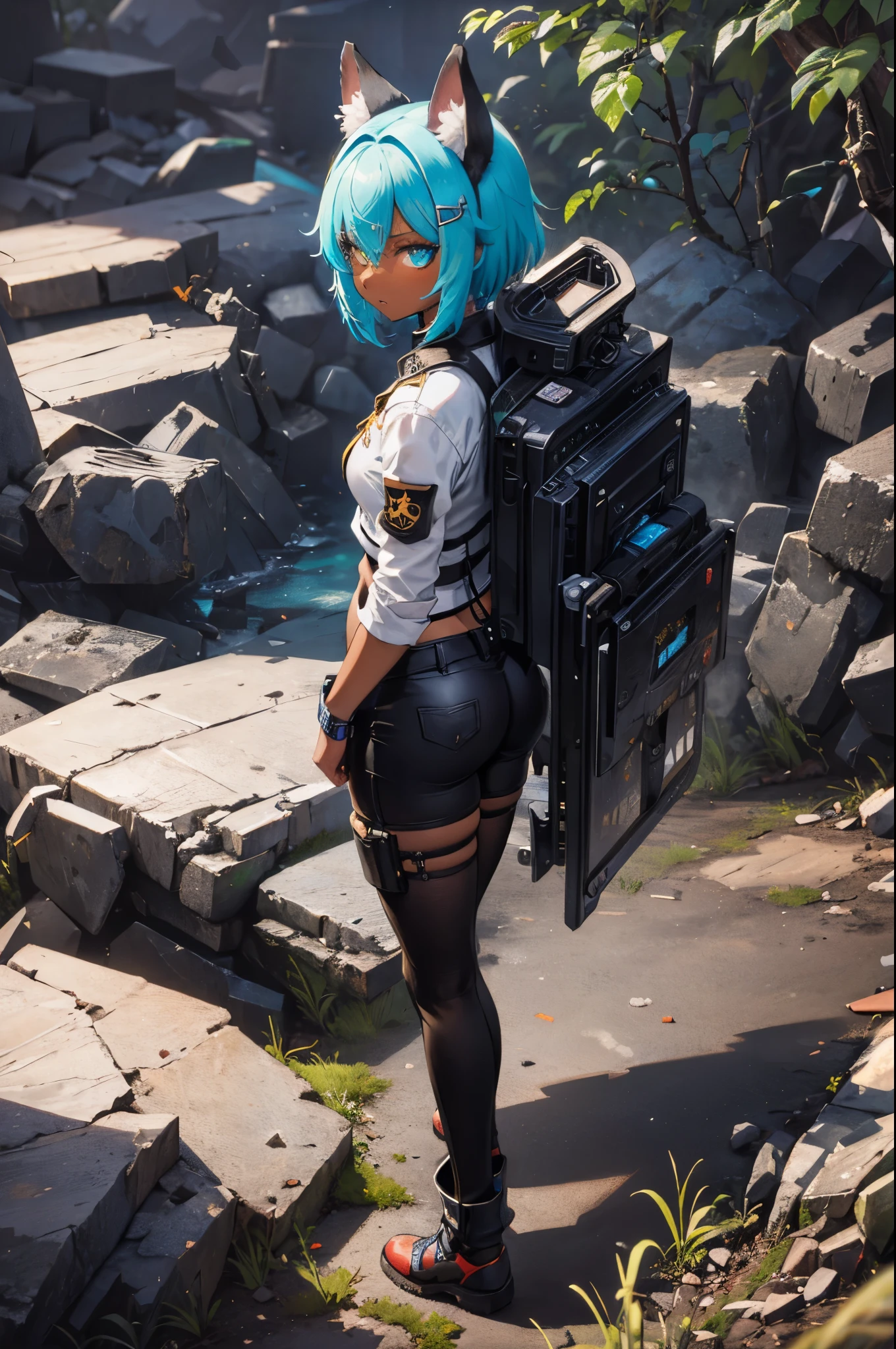 8K, Best Quality, Masterpiece, Ultra High Resolution, girl, short blue hair color, (short length cyan blue hair, disheveled hair), bright blue eyes, 1girl, black and white fox ears with piercings, blue hair, fantasy world, dark skin, dark skinned,  girl, big ass, black skin toned girl, black girl, fox ears, dark skin, dark skin toned girl, ranger, sniper girl, outside, badlands, wearing bandits attire, rough looking outfit, a very worn outfit, wearing light clothing, has fox ears, out in the wastelands, in a wasteland, out in the middle of nowhere, in the wilderness, sniper rifle strapped to her back