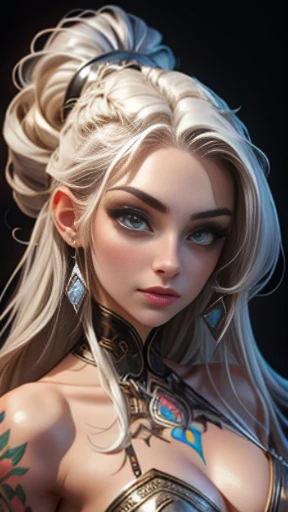 ((artwork)), ((best quality)), (cowboy shot): 1.0). a woman, 26 years old, ((platina_cabelo)), white, silver hair, long hair, dreadlocks, platinum eyebrows, ((platina_cabelo):1.0), beautiful girl, ((perfeito_face)), perfect facial proportions, size suitable eye, suitable nose shape, light_green_eyes, fair skin, pale complexion, ((perfect_face):1.2), (perfect body: 1.0), tribal tattoo on body. --Com: 0.4.