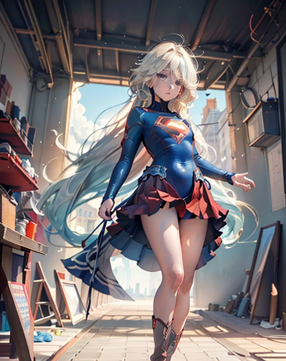 ((highest quality, masterpiece, disorganized) ,supergirl,Crab crotch,M-shaped legs,please show me your boots , ,long hair, hair with volume, hair loss, expressive eyes,Blue Bodysuit,red skirt,red heel boots,blue leotard,view of other buildings ,defeat,detailed description,solo 1 girl,full body shot,masturbation,Shame on you,Stain your face red,Watery eye,