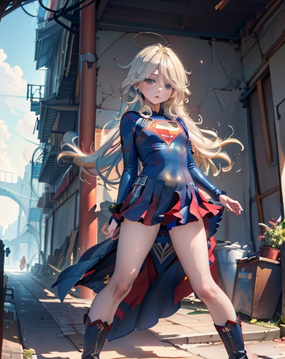 ((highest quality, masterpiece, disorganized) ，supergirl，Crab crotch，M-shaped legs，please show me your boots , ************,long hair, hair with volume, hair loss, expressive eyes,Blue Bodysuit，red skirt，red heel boots，blue leotard，view of other buildings ,defeat，detailed description，solo 1 girl，full body shot，masturbation，Shame on you，Stain your face red，Watery eye，