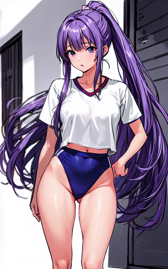 A beautiful woman with long wisteria purple hair in a ponytail that reaches to her shoulders and a light pink ribbon in the back, a sharp face and beautiful legs, is wearing a white gym uniform.、I&#39;m standing in the school hallway wearing dark blue bloomers shaped like panties.。mouth open。