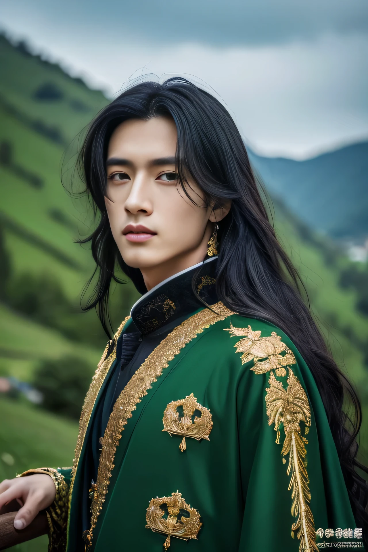 Best quality, masterpiece, ultra high res, (photorealistic:1.4), detailed face, detailed eyes, raw photo, 25 year old male, black hair, ((full body)), view from top, (mountain background:1.2), perfect hands, perfect eyes, long black hair, wearing dark green long chinese clothes, dark green long cape, messy long hair, (((1 handsome male)))