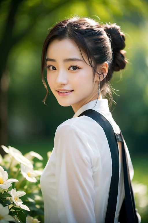 best quality，A Thousand Bones of Flowers stills，woman，heroine，Ancient，martial arts，Chinese，Zhao Liying，big eyeun face，Ancient中国农民打扮，toothless smile，，Exquisite facial sculpting，young，beautiful，slim，Noble，black hair，bun hair，Succinct，Clean，daytime，forest，Upper body，photorealistic, movie lighting, depth of field, Bokeh, edge lighting, backlight, cool color,