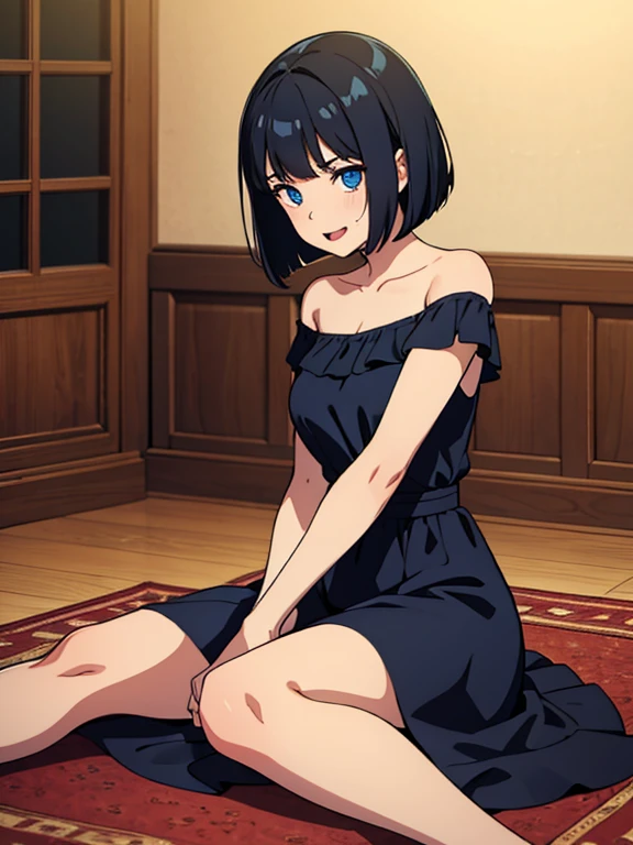 ((best quality)), ((masterpiece)), (detailed), perfect face, 1 girl, solo, teenager, black hair, bob cut, bob hair, blue eyes, smile, flamenco dress, off the shoulder dress, red dress, a longer body, teenager, bare shoulders, large chest, sexy sitting pose, and being so beautiful, room background, with lots of candles burning on the floor, in a dark room, mouth open, tongue, sweating, guitar in the background 