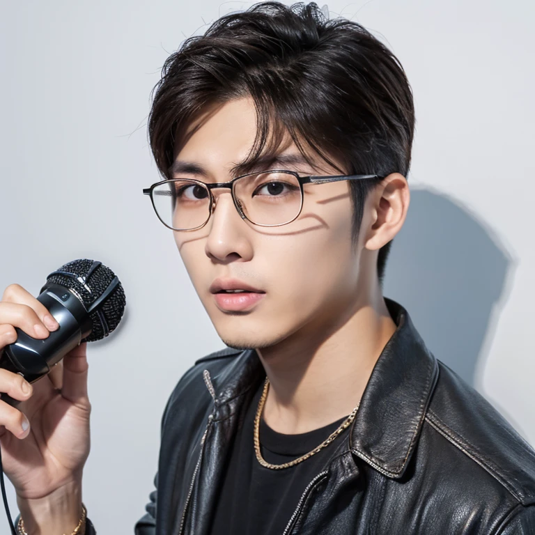 A 22 year old handsome Asian guy，wearing white shirt，Wearing a pair of metal glasses，very cool expression，