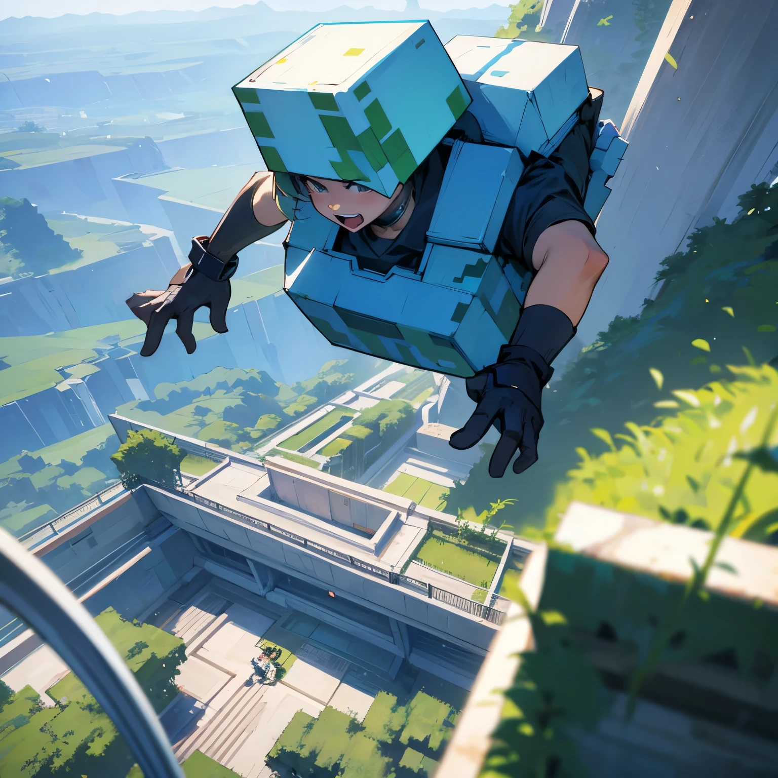 A world view like Minecraft、Minecraft characters are parkouring in the park