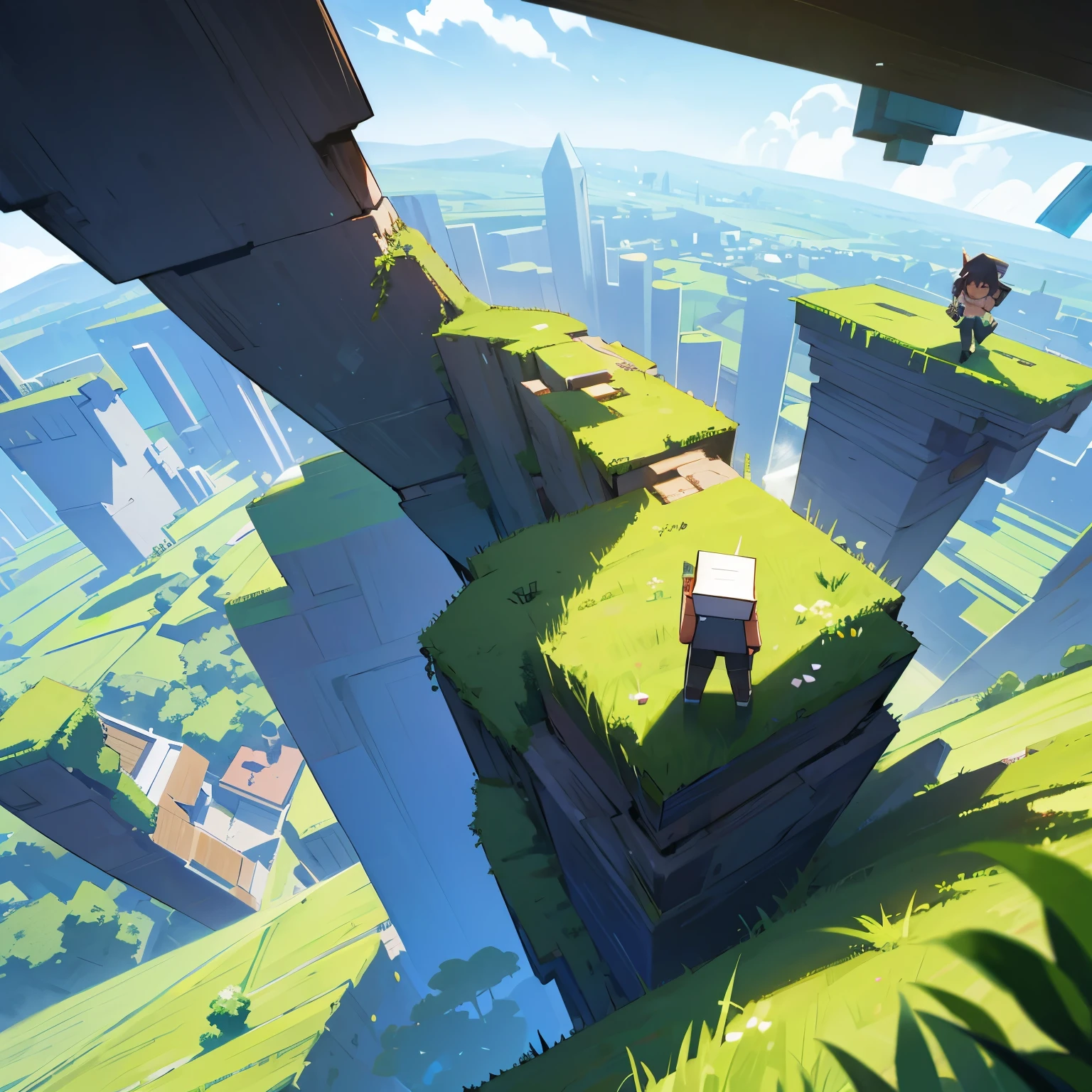 A world view like Minecraft、Minecraft characters are parkouring in the park