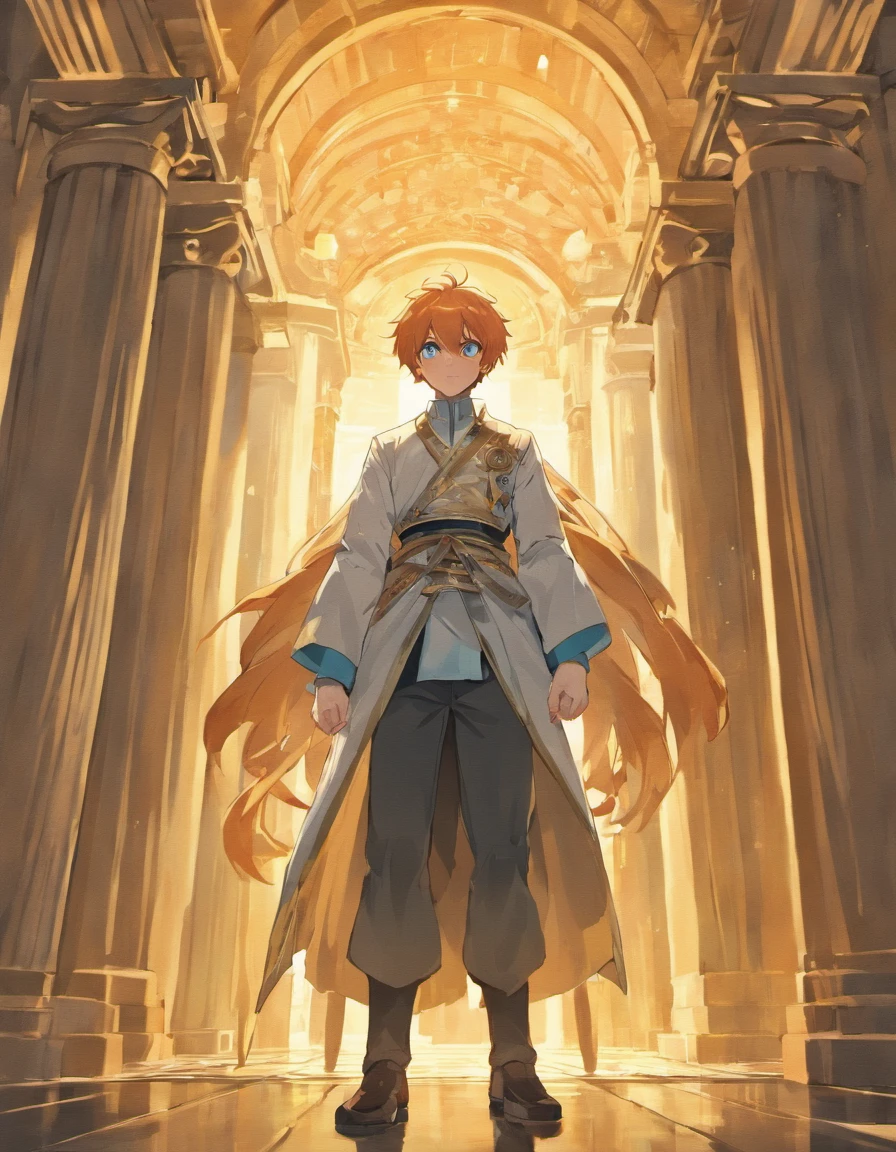 man, orange hair, blue eyes, looks into the frame, inside a temple with columns, very detailed background, shades of gold, Sun, sunlight, guy in cotton clothes, full length, The position is straight, Milo ulыbaetsya