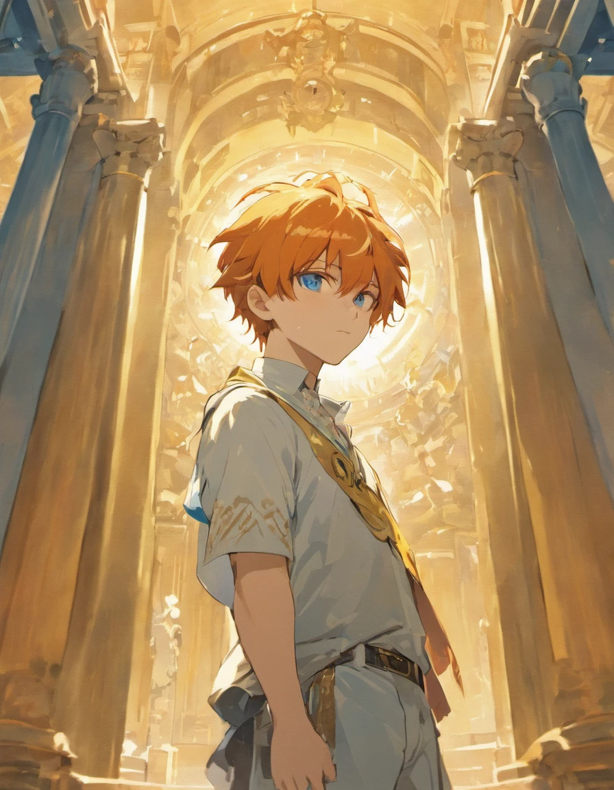 man, orange hair, blue eyes, looks into the frame, inside a temple with columns, very detailed background, shades of gold, Sun, sunlight, guy in cotton clothes, full length, The position is straight, Milo ulыbaetsya