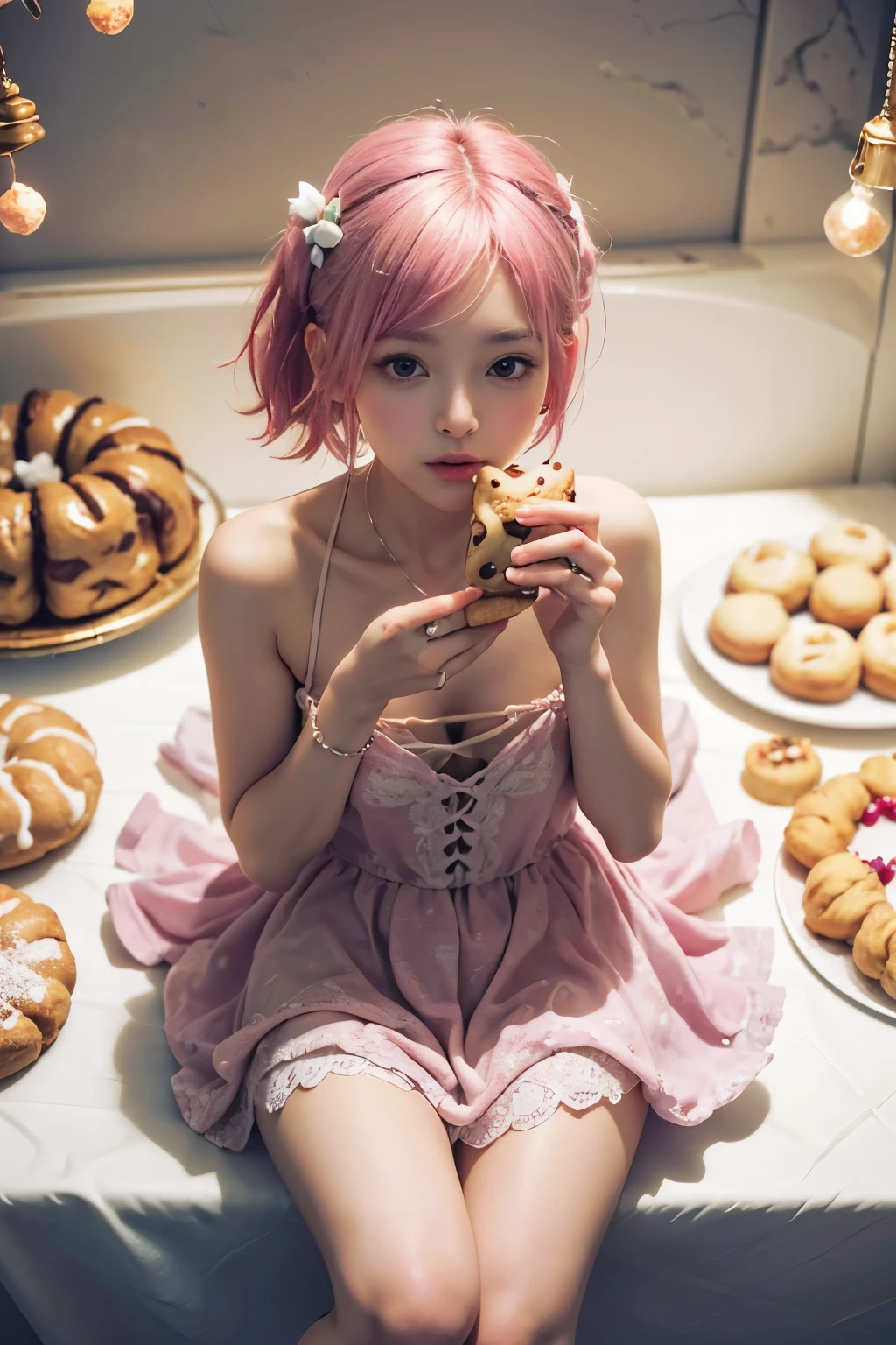 Female idol covered in donuts（Cute costumes、）、Looks fun、full body Esbian、、