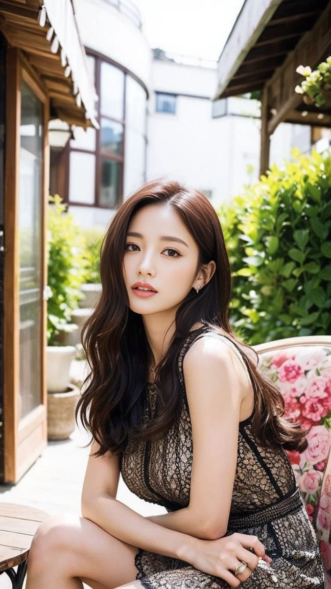 dark brown hair、light brown eyes、Japanese actress face、 lady、looks like him;I'm about 40 years old、(intricate details:1.2)、(Which is the top?:1.4)、 (Super high resolution:1.2)、Super high resolution、(finely tuned)、(detailed facial features)、nffsw、8K resolution、D cup size breasts、long hair、Paris、Parisのカフェ、White flowers bloom at the entrance of the cafe.、Cafe entrance surrounded by flowers、sitting on a chair on the terrace of a cafe、leaning on the back of the chair、beautiful legs、full body photo、head to toe shot、