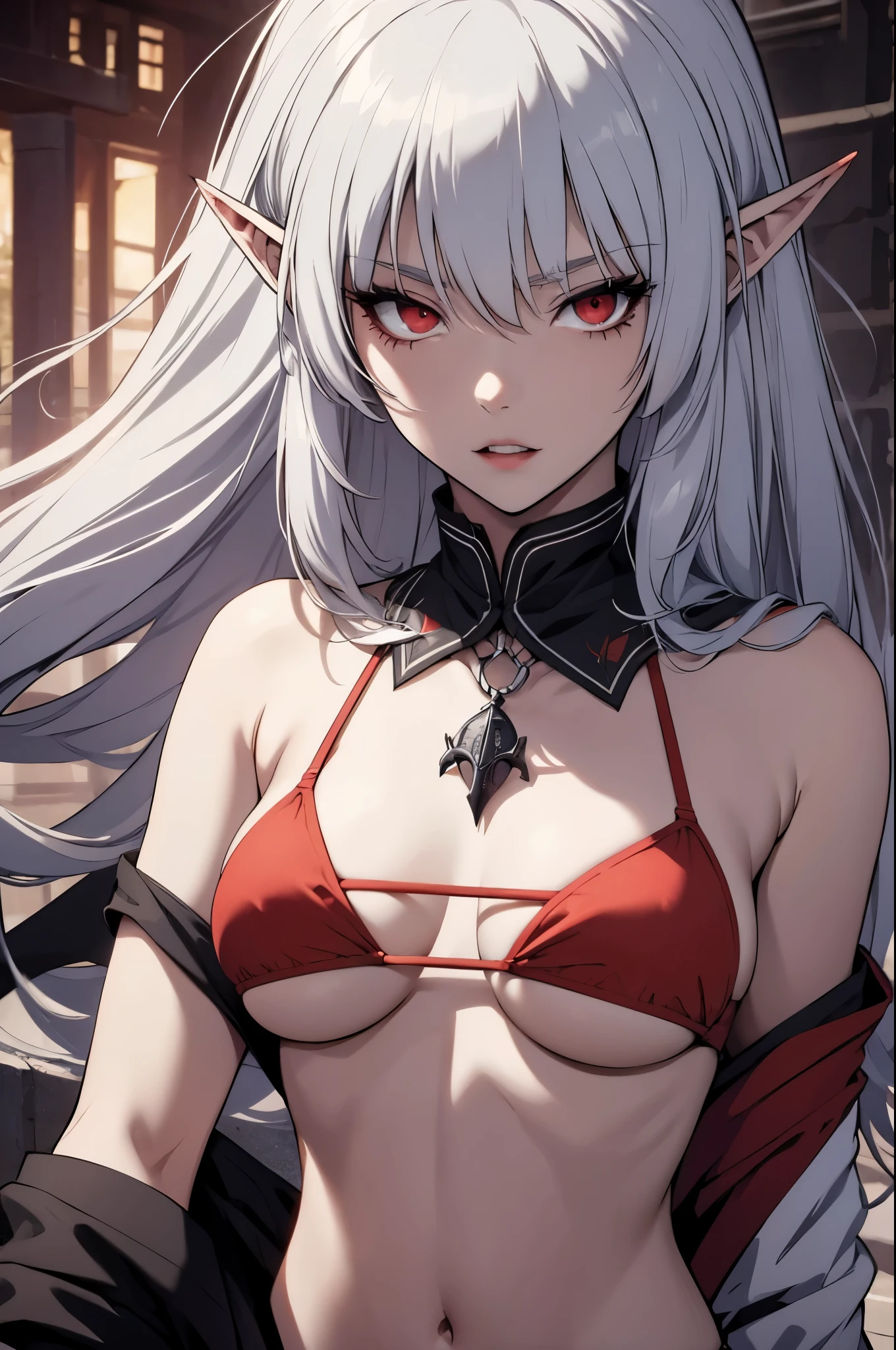 alice,vampire,grey hair, long hair, red eyes, pointy ears, small breasts,((bikini))
