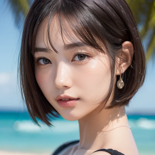 ((8K、Raw photo、highest quality、masterpiece:1.2))、(genuine、フォトgenuine:1.4)、japanese woman、1people's women、Slender beauty、bob cut 、big breasts、bikini、Ocean、super detailed face、highly detailed eyes、double eyelid、smile、background blur