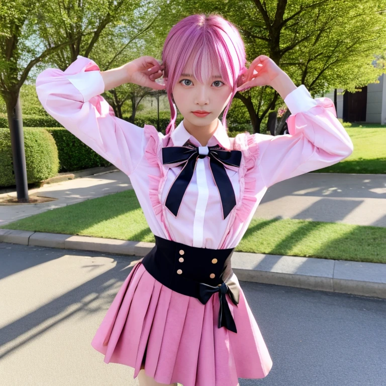 (Flat drawing:-1.7),masterpiece, best quality, highres, 4k, 8k, ultra detailed, absurdres,vivid contrast, vibrant colors, full body,pink hair, twintails, skirt, outdoors, 1girl, looking at viewer, shirt,black bow, bow, hair bow, black skirt, solo focus, multicolored hair, frills, long sleeves, bangs, streaked hair, long hair, pink eyes, pink shirt, lips, day, closed mouth, hands up, cowboy shot, standing, frilled skirt, street, solo, purple eyes