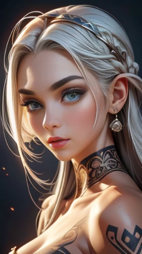 ((artwork)), ((best quality)), a woman, 26 years old, ((platina_cabelo)), white, silver hair, long hair, dreadlocks, platinum eyebrows, ((platina_cabelo):1.0), beautiful girl, ((perfeito_face)), perfect facial proportions, size suitable eye, suitable nose shape, light_green_eyes, fair skin, pale complexion, ((perfect_face):1.2), (perfect body: 1.0), tribal tattoo on body. --Com: 0.4.