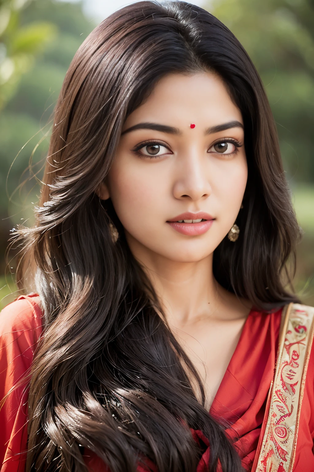 Portrait of A confident-looking indian woman with long flowing hair, hazel eyes, with topless flowing capes, sitting in the park, perfect composition, hyperrealistic, super detailed, 8k, high quality, trending art, trending on artstation, sharp focus, studio photo, intricate details, highly detailed, art by greg rutkowski