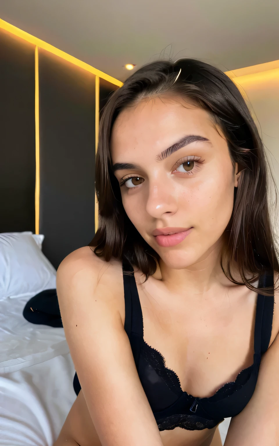 Photo of a 20 year old brunette woman, that has a very natural face, thin lips, thin eyes, thin eyebrows, thin nose. She takes a cute selfie with right hand in bedroom, showing body, black panties, natural pose, looking at camera in bedroom