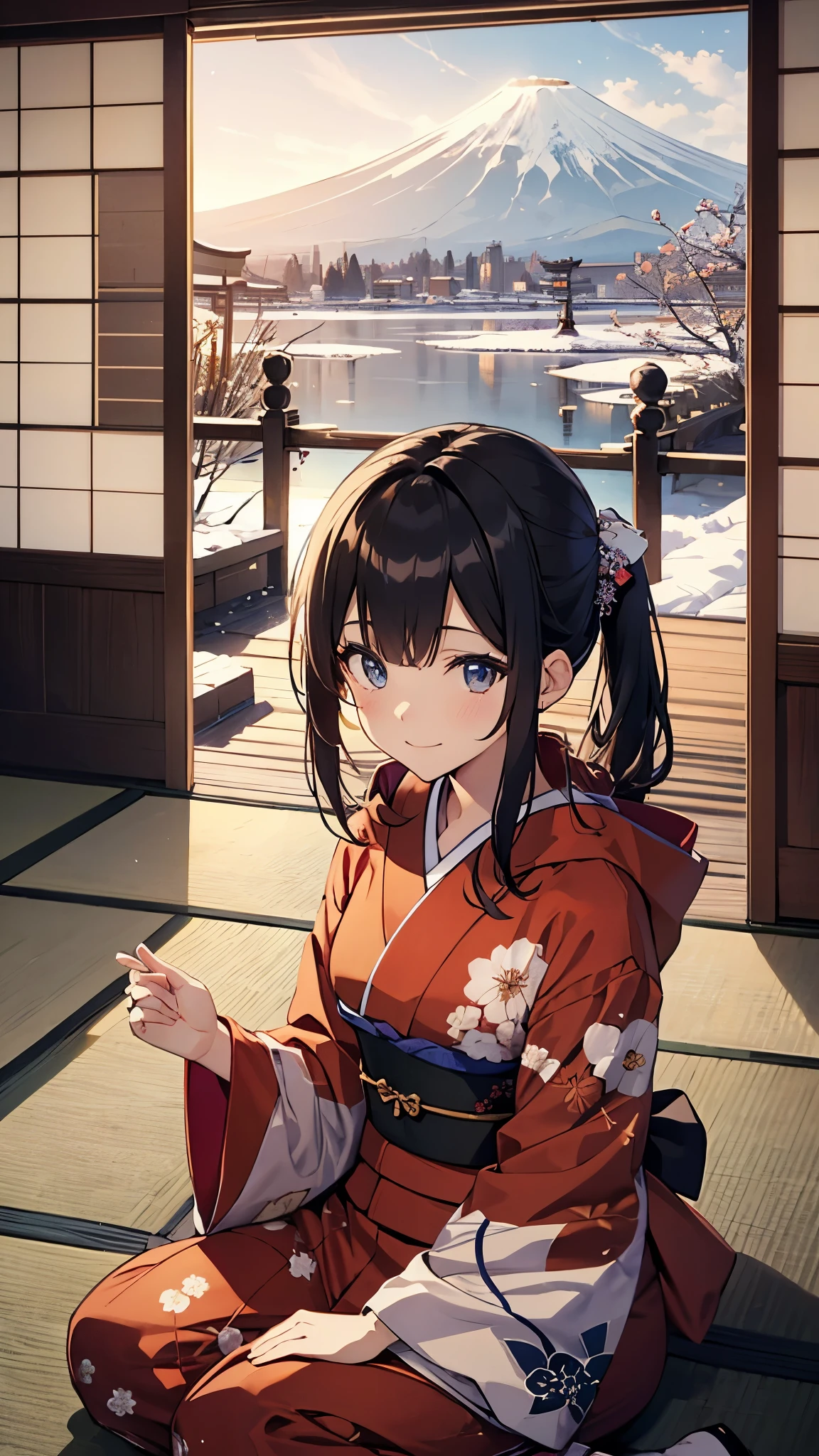 two japanese girls sitting on a japanese room 、Captivating scenes featuring beautiful Japanese girls with distinctive features, Set against the backdrop of winter Mt. Fuji. Girls put their black hair in a ponytail, single eyelid, and with hood, humid, deep set, Striking dark orange captivating eyes. Her expression becomes a gentle smile. Age 21 years old. she is wearing a beautiful japanese kimono, A picture of a bird is drawn on the pattern of the kimono.、Features a delicate floral pattern。.The color of the kimono is red. A snowy cityscape is depicted in the background., Create a magical New Year's atmosphere. ,Add a sense of movement and joy to your scene. The combination of these elements、It should produce a super special quality image that looks like a masterpiece.、tatami、Japanese style room、