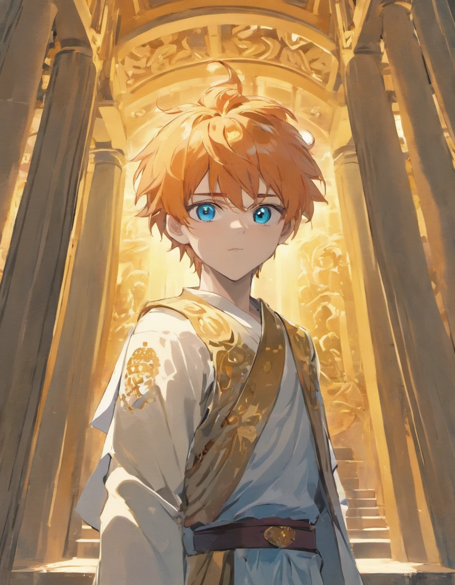 man, orange hair, blue eyes, looks into the frame, inside a temple with columns, super detailed background, shades of gold, Sun, sunlight, guy in cotton clothes, full length, The position is straight, the guy smiles sweetly, high definition, HD, sharp lines