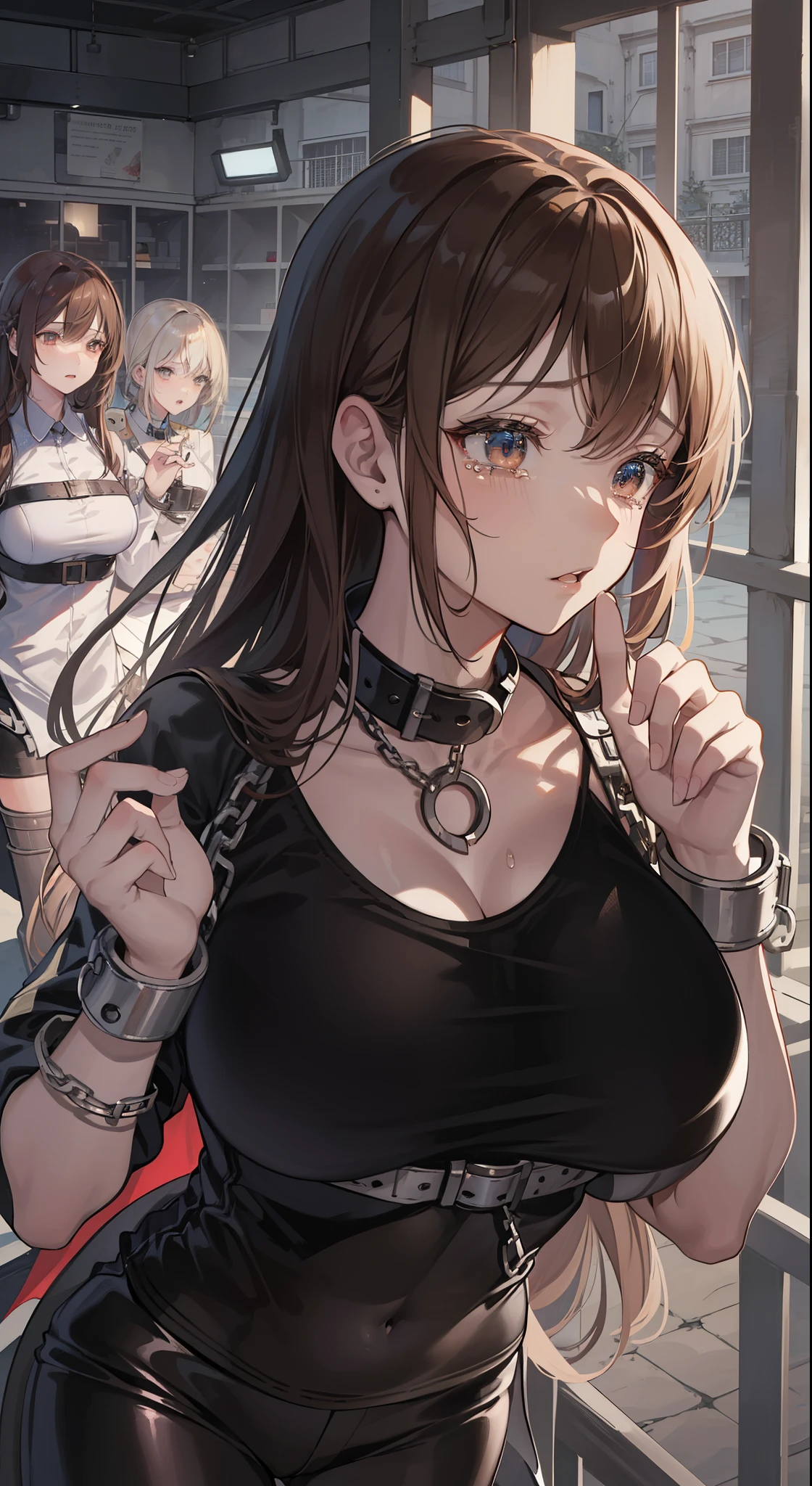 Several girls, group picture, lineup, harem, 3+A beautiful girl imprisoned by a villain, 1 girl was tied up in the back, ((Masterpiece)), ((high resolution)), ((Best quality)), detail, (, Crying), ((Hands were tied to prison railings, Handcuffs, The wrists are tied)), , Korean girl, Teary eyes, Brown hair, Collar, Wear leather clothing,tight leather pants,boot, , , Upward dense, underdressing, statue ,Handcuffs, Collar, Chains, Shame, fear,  focus, cinmatic lighting, perfectly shaded,(((prison))), realistic lighting with shades,Verbal gestures