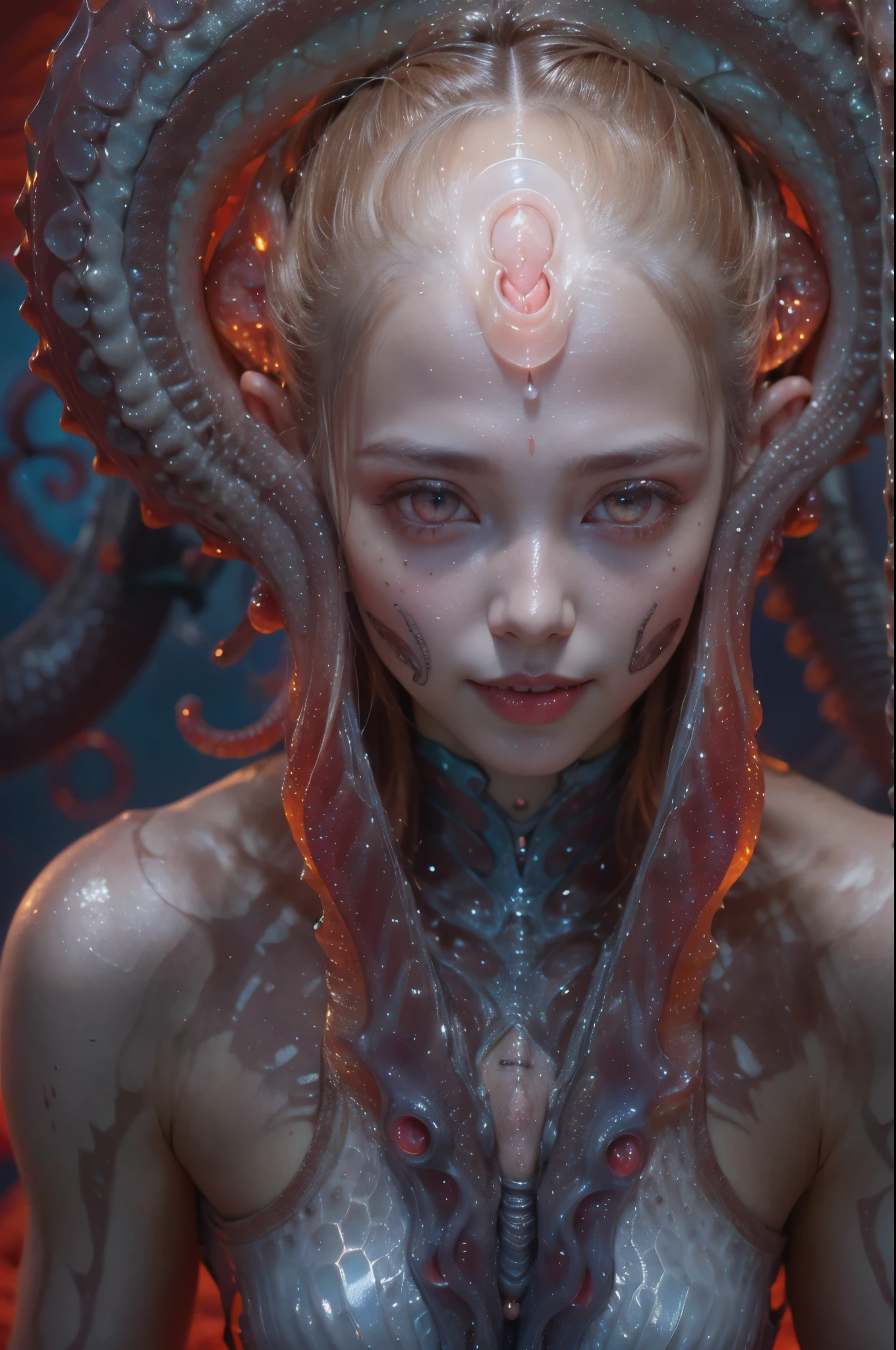 scary and sexy detailed art in color, Portrait, (beautiful and obscene female alien:1.4), (vulgarity1.5), (she has red eyes with no pupils:1.8), (Translucent skin:1.7), (There is a female genital-like organ in the middle of the forehead:1.9), (The most beautiful face in the history of the universe:1.2),an evil gaze that seduces, (large mouth:1.1), (sharp teeth like a vampire:1.2), Full body portrait, (bio luminescent:1.5), (Smile wickedly:1.3), (sexypose:1.5), alien, No humans, cells are fused, (Lots of translucent tentacles:1.3) extraterrestrial, cell, bio image, best quality, 8K,In 4K_quality, High freshness, Dramatic Lighting, masutepiece:1.5,cinematic quality, detail up, (exquisite details:1.2), high resolution, High freshness, drawing faithfully, (Thick eyebrows:1.2), Beautiful eyes with fine symmetry,(Highly detailed face and eyes:1.2), Intimate face, (Super detailed skin quality feeling:1.4), perfect anatomy, (Beautiful toned body:1.5), (Moist skin:1.2), not wearing makeup, (dark circles:1.1), long canines, cinematic drawing of characters, ultra high quality model, cinematic quality, detail up, (exquisite details:1.2), high resolution, High freshness, drawing faithfully, official art, Unity 8K Wall , 8K Portrait, best quality, Very high resolution, ultra detailed artistic photography, midnight aura, unreal engine 5, Ultra Sharp Focus, art by Amano Yoshitaka, ArtGerm, Roisch, intricate artwork, best quality, masterpiece, ultra high resolution, (photos realistic:1.4), ultra realistic realism, dream-like, nautilus, Creation of fantasy, Snail, Dream Snail, (biopunk nautilus:1.3),Thrilling color schemes, ultra realistic realism, seductively smiling, Blue tentacles,