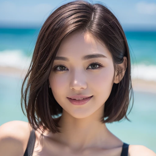 ((8K、Raw photo、highest quality、masterpiece:1.2))、(genuine、フォトgenuine:1.4)、japanese woman、1people's women、Slender beauty、bob cut 、big breasts、(micro bikini)、Ocean、super detailed face、highly detailed eyes、double eyelid、smile、background blur