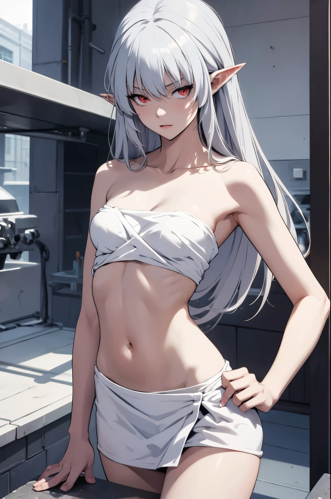 Naked towel,alice,vampire,grey hair, long hair, red eyes, pointy ears, small breasts,bikini