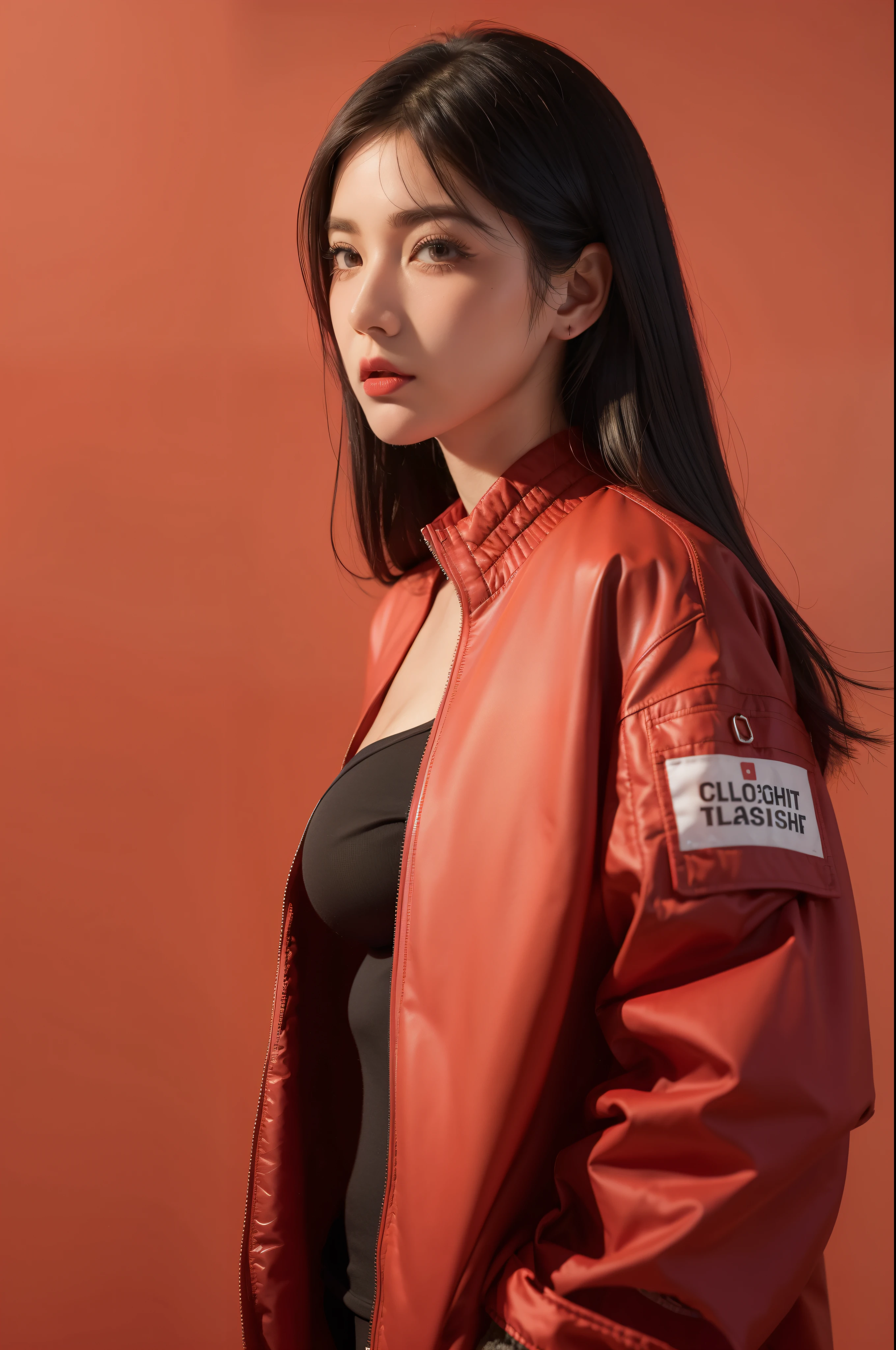 1girl,((closed jacket outfit)) red background background,((very beautiful girl)), , ((long eyelashes)), half body, ((big breast: 1.1)), (wearing closed clothes), ((mugshot)), (((sfw))), posing