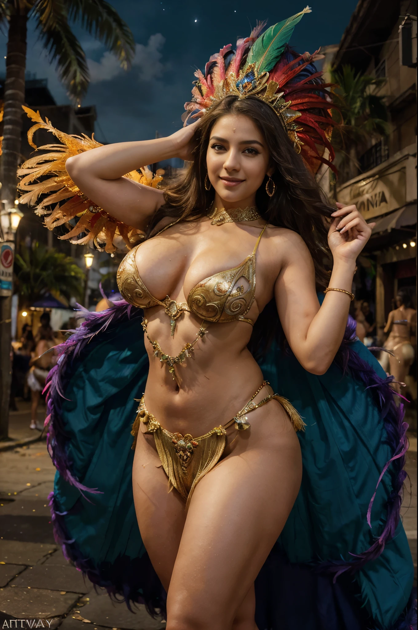 Fantasy setting, bright lights, night scene, rio cranival style, carnival costume, (wearing samba dance dress:1.2), exotic feather costume, cranival parade, outdoor, street background, night sky, romantic and seductive, moonlight, wide angle photo of a Maya Ali, beautiful legs, realistic body parts, cheeks, curvy, big breasts, Hollywood lips, long hair, look at viewer and smile, pleasant mood, calm color palette, vibrant colors, unified 16k wallpaper, ultra realistic, intricate details, masterpiece, (cinematic:1.3), (ArtStation:1.2)