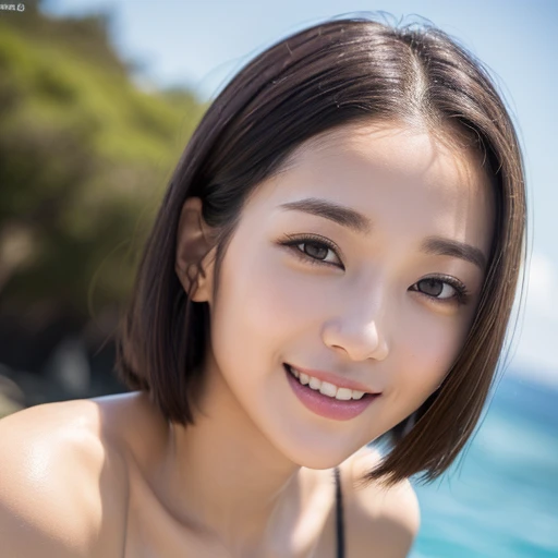 ((8K、Raw photo、highest quality、masterpiece:1.2))、(genuine、フォトgenuine:1.4)、japanese woman、1people's women、Slender beauty、bob cut 、big breasts、(micro bikini:1.2)、Ocean、super detailed face、highly detailed eyes、double eyelid、smile、background blur