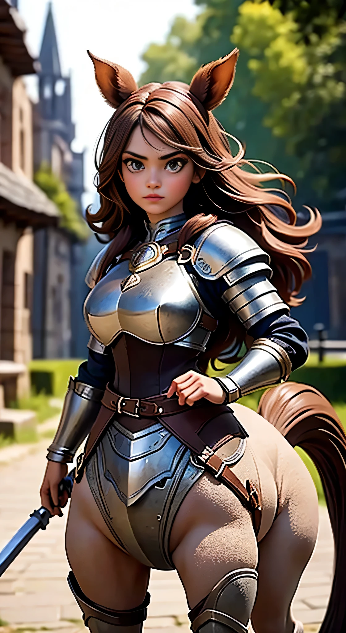 highly detailed full body full color cinematic photo of a female ((centaur)), portrait, 1girl, breastplate, holding weapon, weapon, realistic, depth of field, blurry background, distant medieval town, photorealistic, analogue photography, edge lighting