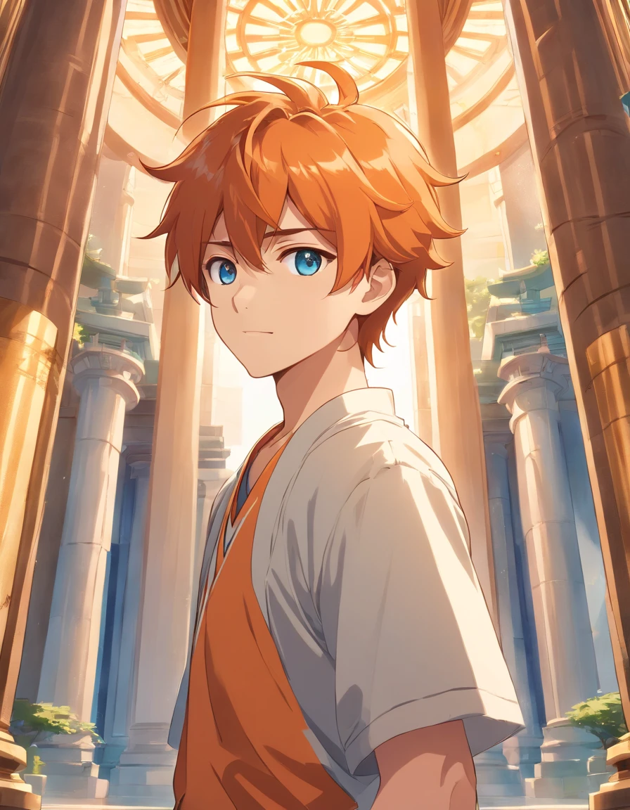 man, orange hair, blue eyes, looks into the frame, inside a temple with columns, super detailed background, shades of gold, Sun, sunlight, guy in cotton clothes, full length, The position is straight, the guy smiles sweetly, high definition, HD, sharp lines