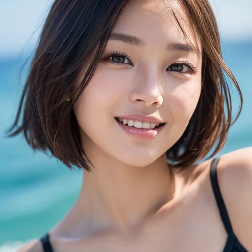 ((8K、Raw photo、highest quality、masterpiece:1.2))、(genuine、フォトgenuine:1.4)、japanese woman、1people's women、Slender beauty、bob cut 、(big breasts、micro bikini:1.3)、Ocean、super detailed face、highly detailed eyes、double eyelid、smile、background blur