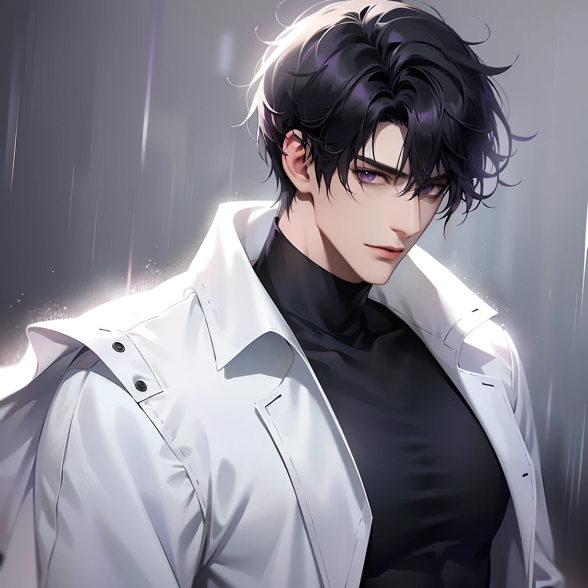 1 boy, solo, short hair, black hair, swept bangs, purple eyes, (mature male, mature:1.2), (pixiv:1.4), handsome, beautiful, sharp eyes, male focus, high quality, masterpiece, white turtleneck, black coat, toned body, facing camera, simple background